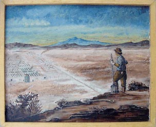A painting of a farmer overlooking the Topaz Camp