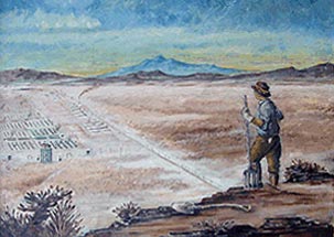 A painting of a farmer overlooking the Topaz Camp