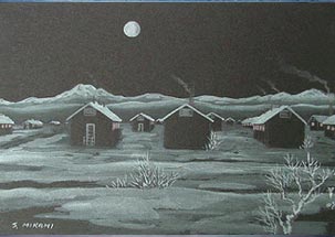 Painting of the Topaz Barracks in snow at night