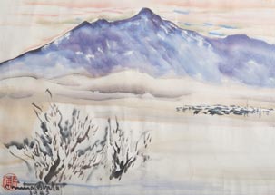 Painting of the Utah desert with mountains in the distance